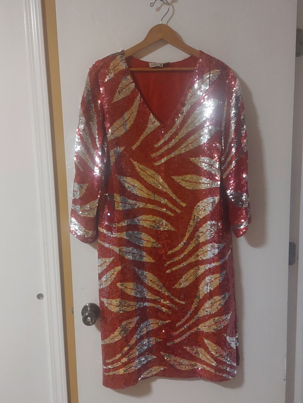 Red Sequin V-Neck Party Dress with Gold & Silver Accents